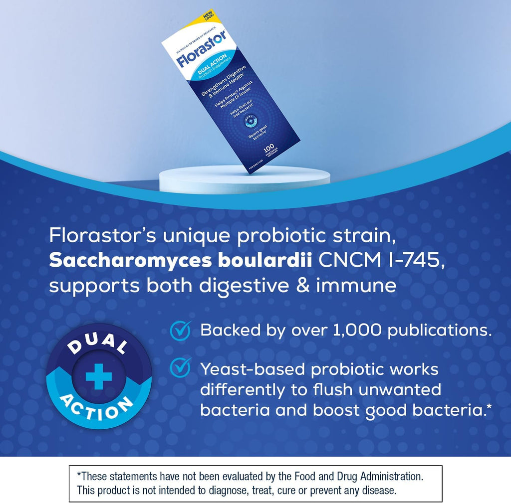 Florastor daily probiotic supplement bottle label details