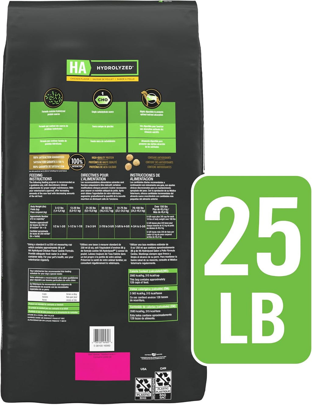 Nutritional information and guaranteed analysis on Purina HA dog food bag