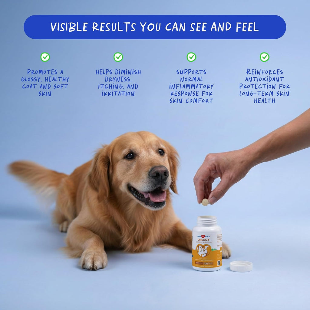 Coco and Luna canine skin and coat supplement packaging showing 120 tablets count
