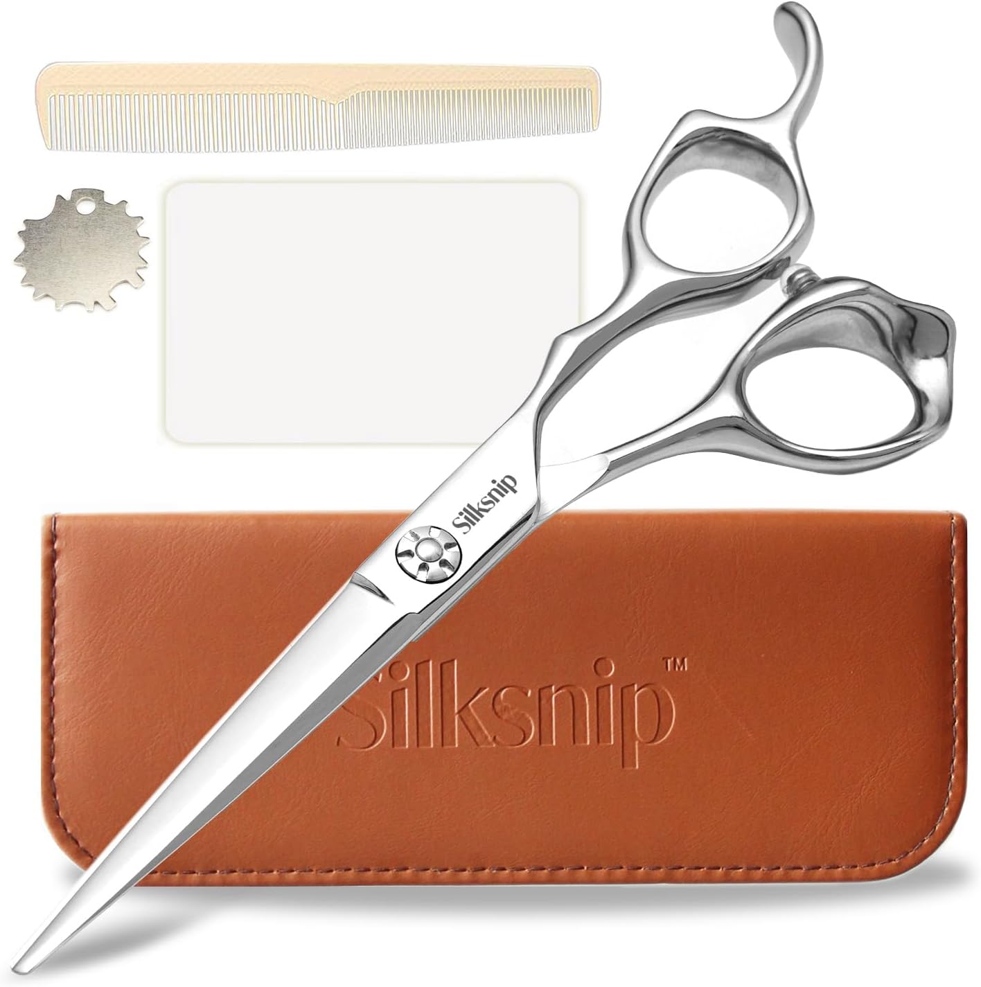 Silksnip professional hair cutting scissors front view with premium leather case