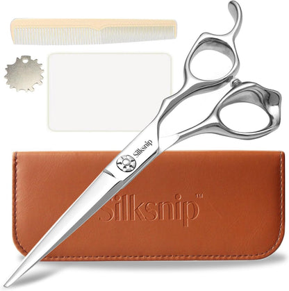 Silksnip professional hair cutting scissors front view with premium leather case