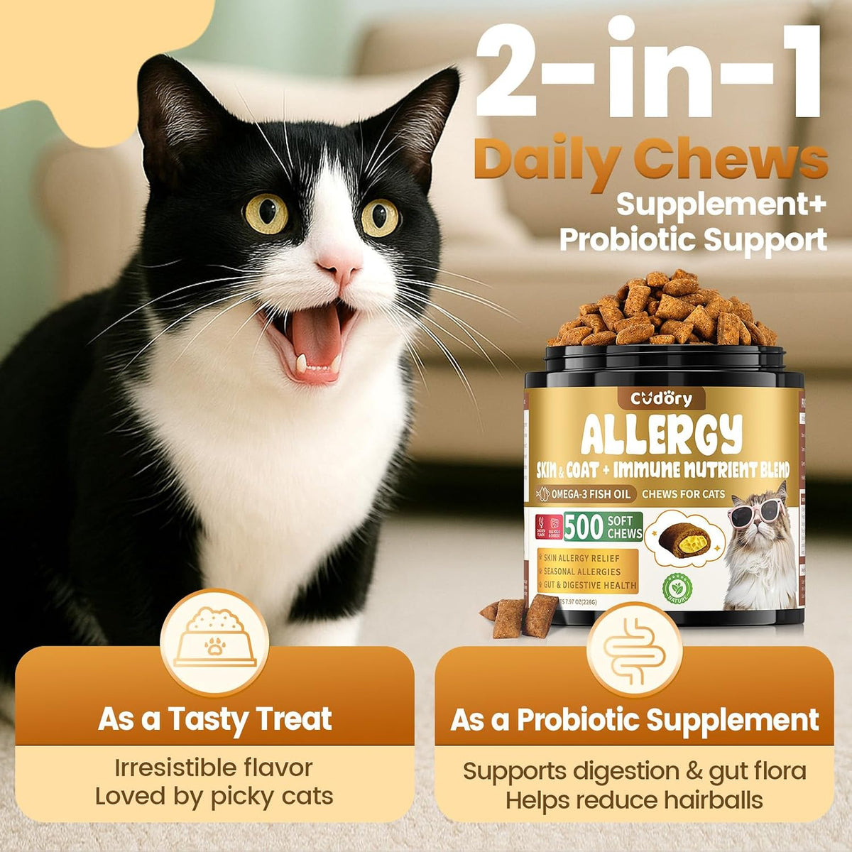 Ingredients in Cudory cat treats featuring colostrum quercetin and real chicken.