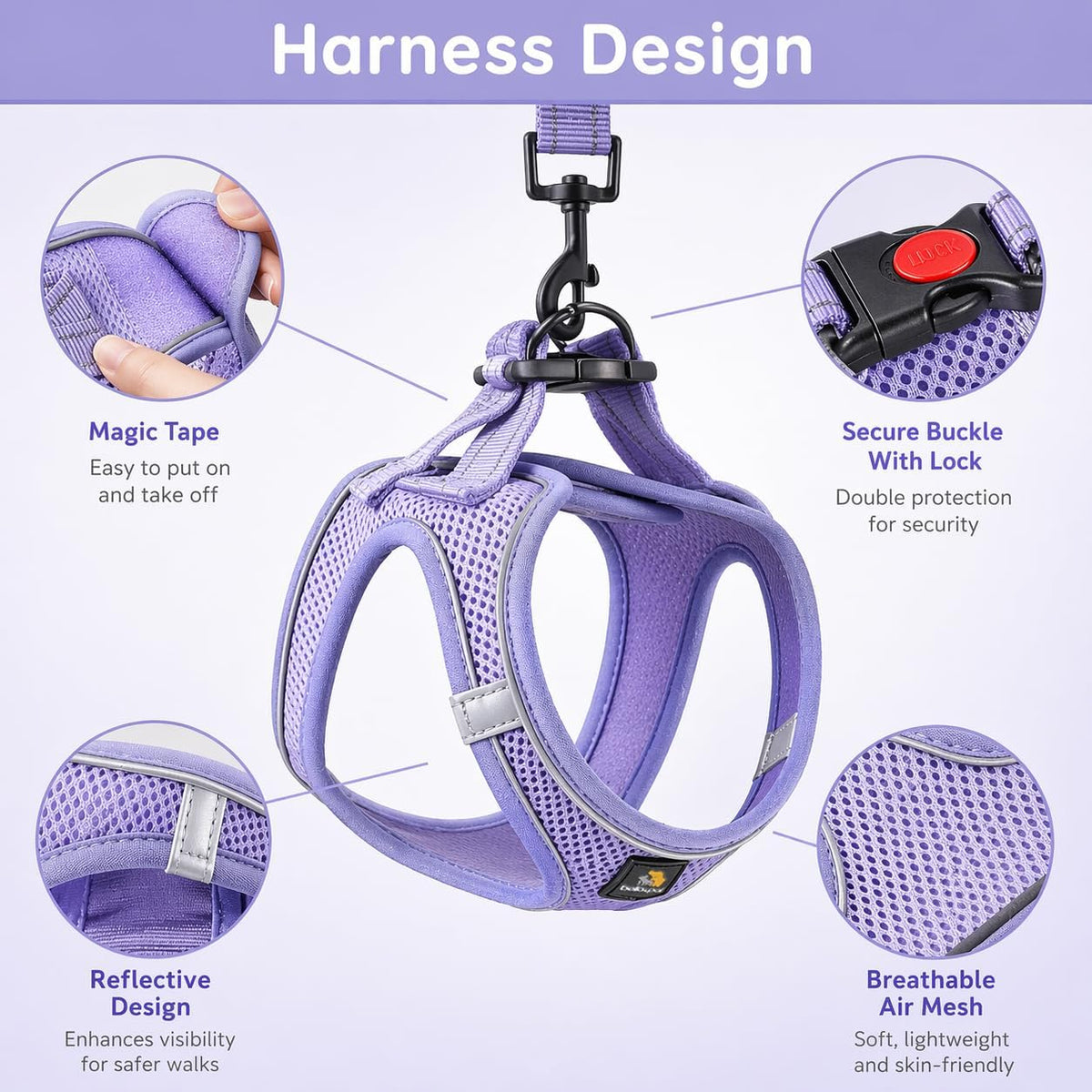 No pull small dog vest harness with double D rings closure detail