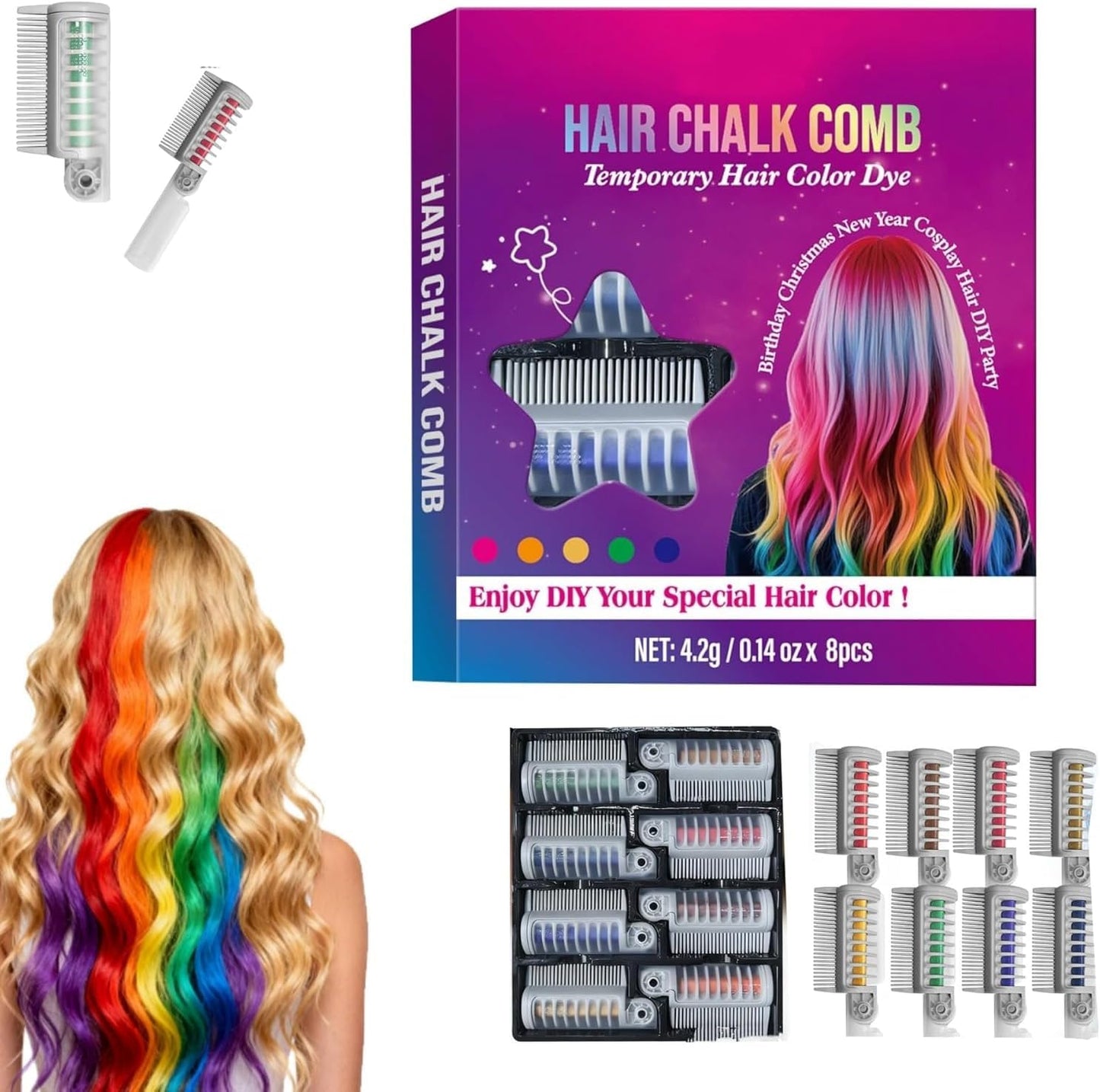 Generic festive fun 8 color hair chalk comb set front view