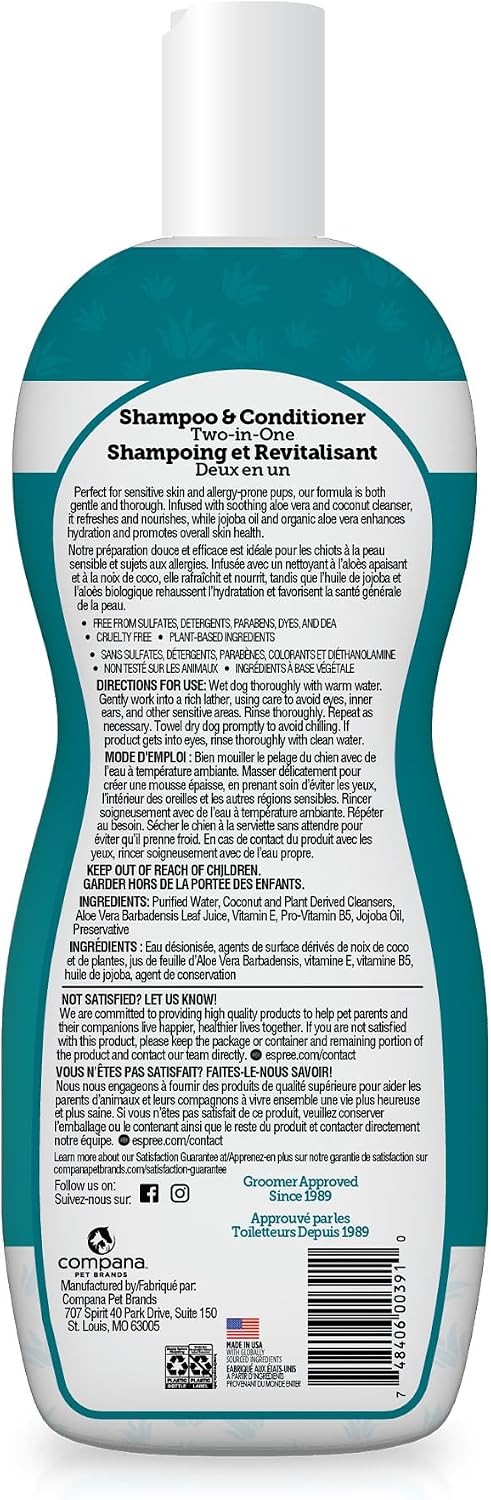 Fragrance free Espree 2 in 1 dog shampoo for dry itchy skin relief.