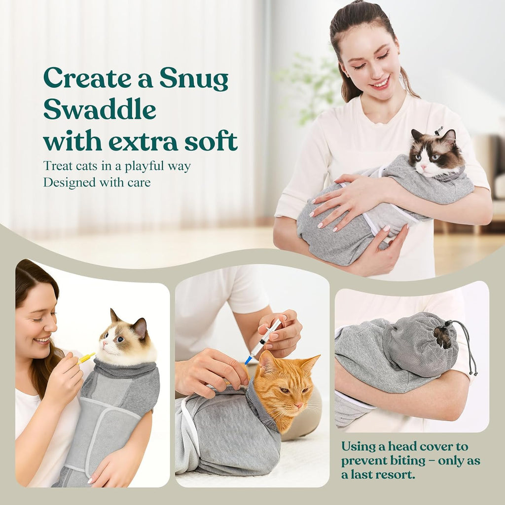 Side profile of cat inside Supet grooming swaddle