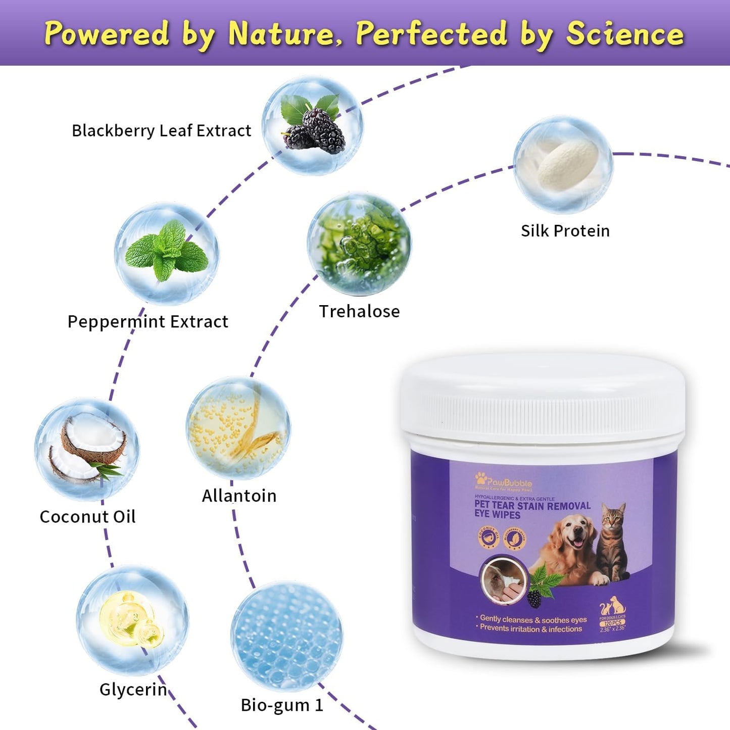 Hypoallergenic eye wipes container lid open showing individual round pet cleaning pads