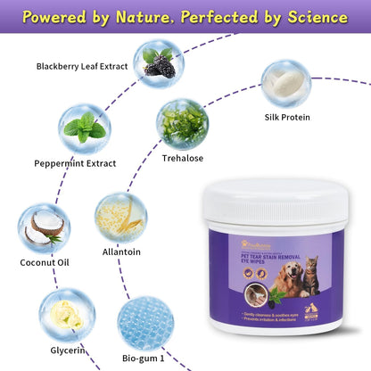 Hypoallergenic eye wipes container lid open showing individual round pet cleaning pads
