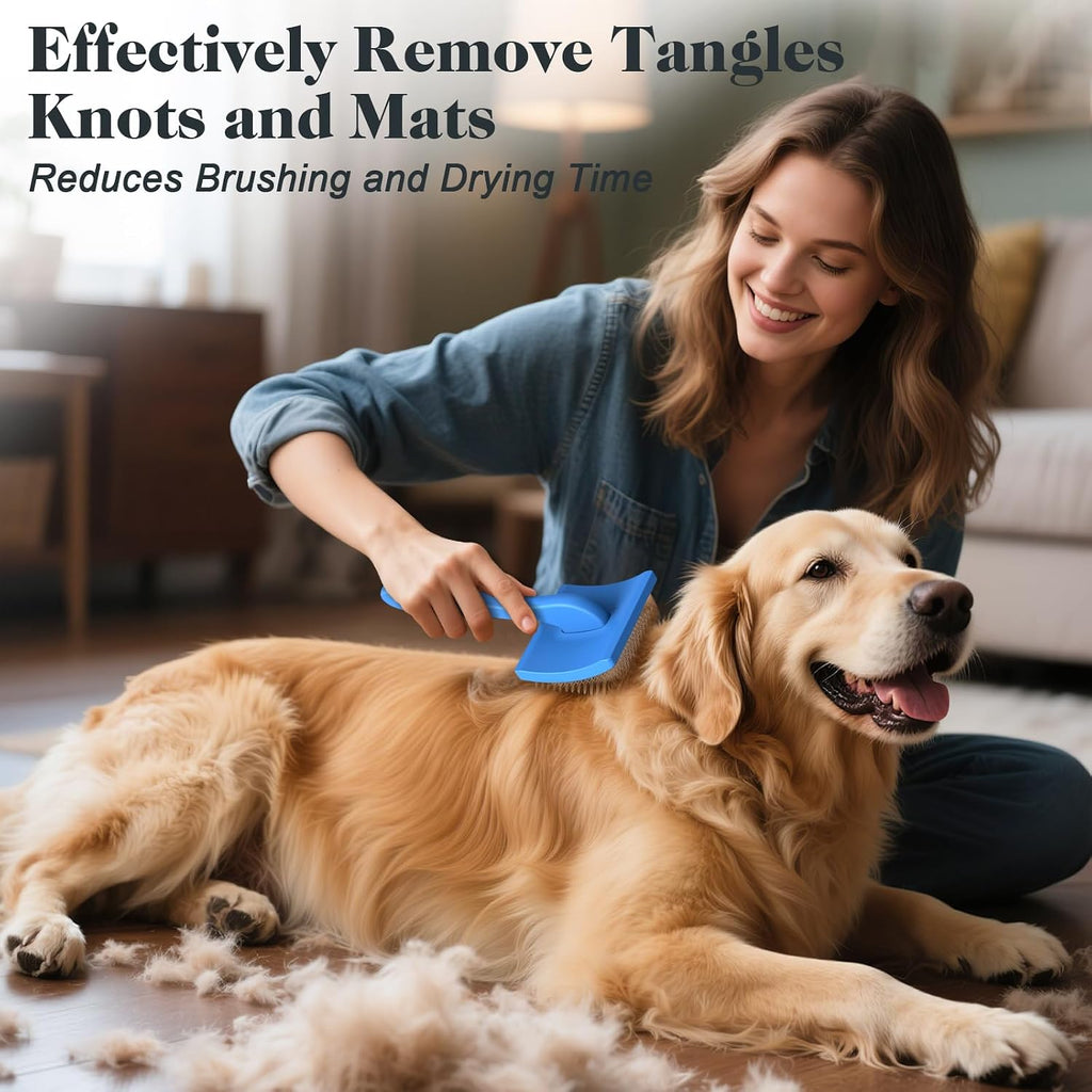Blue professional slicker brush showing extra long pins for undercoat care.