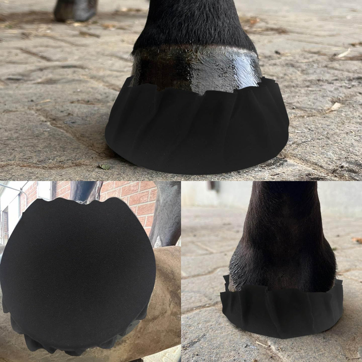 Anatomically shaped cotton horse hoof bandage being peeled from its protective backing layer.