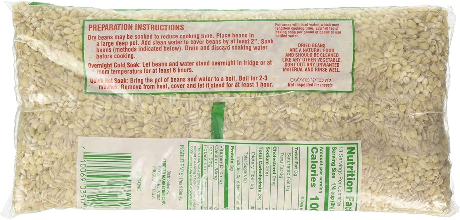 Three pack arrangement of Gefen pearled barley sixteen ounce bags for pantry storage
