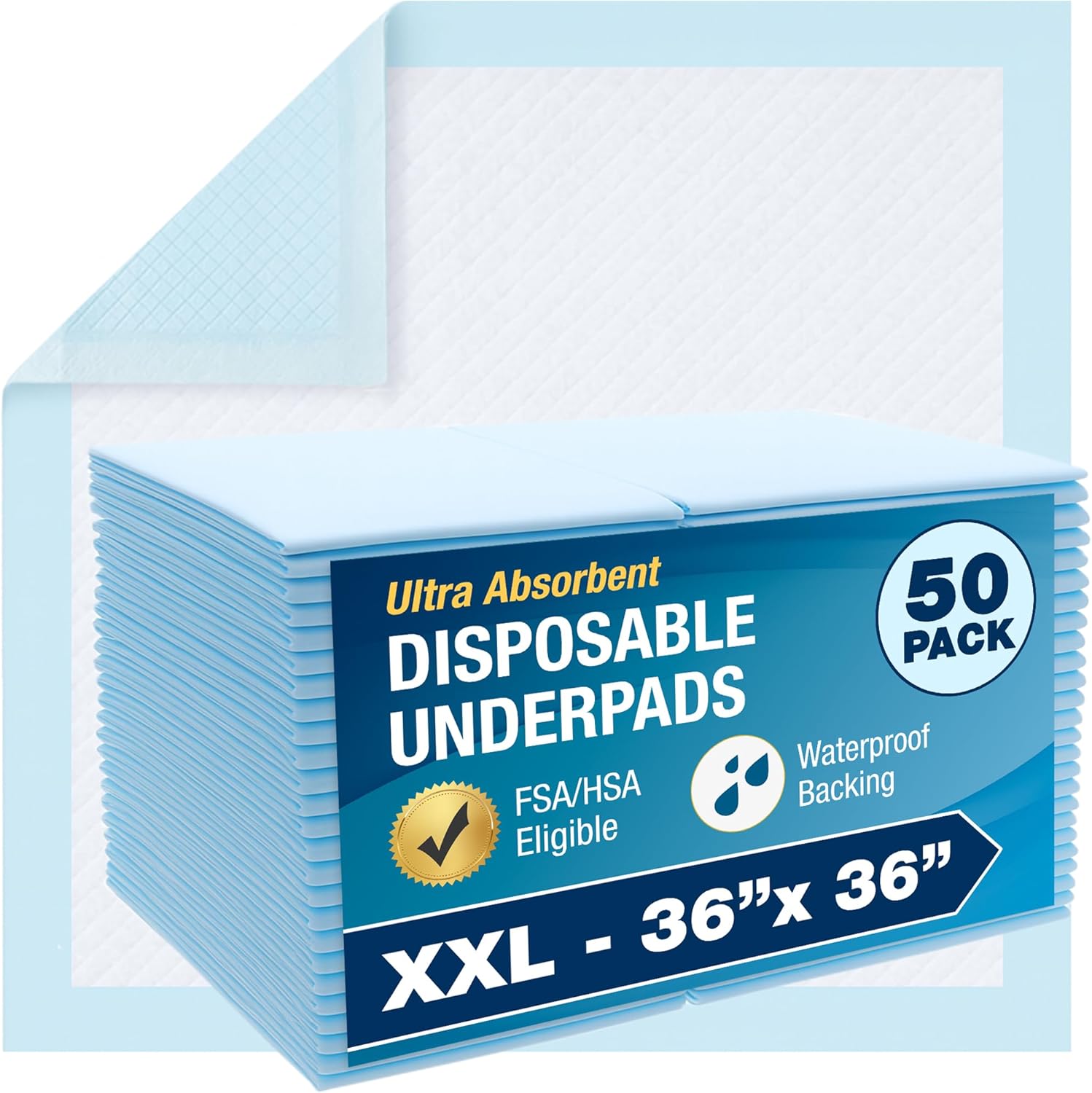 DMI Ultra Absorbent Extra Large Incontinence Bed Pads fifty count retail packaging front view.