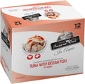 Fussie Cat Premium Tuna with Ocean Fish in Aspic wet cat food box front view displaying adult feline formula