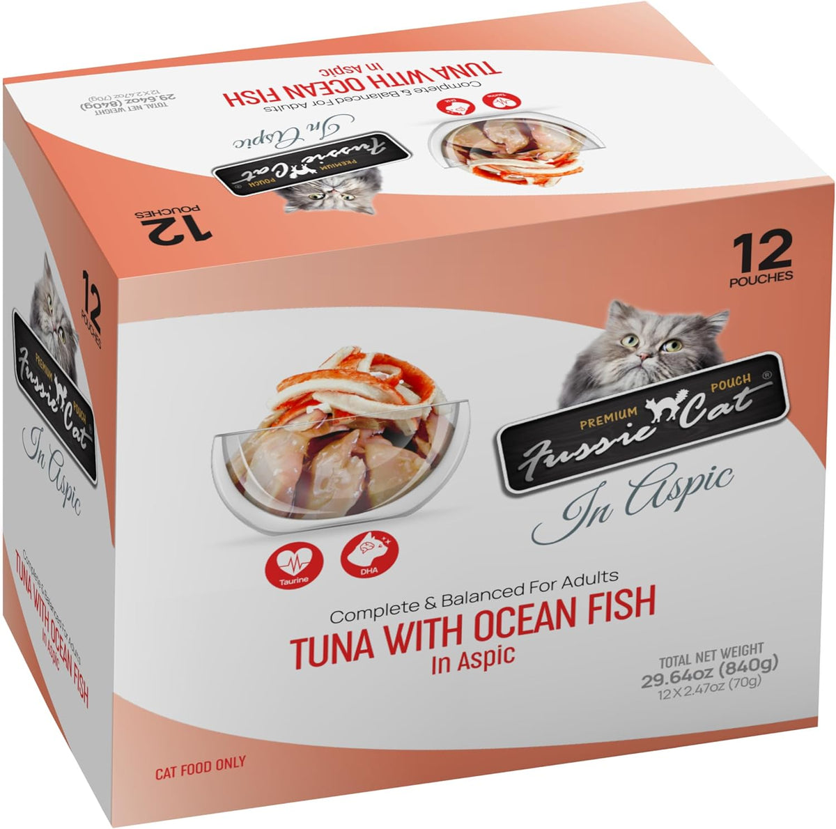 Fussie Cat Premium Tuna with Ocean Fish in Aspic wet cat food box front view displaying adult feline formula