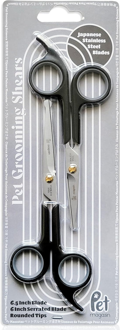Full packaging view of the authentic Pet Magasin two piece scissor set.