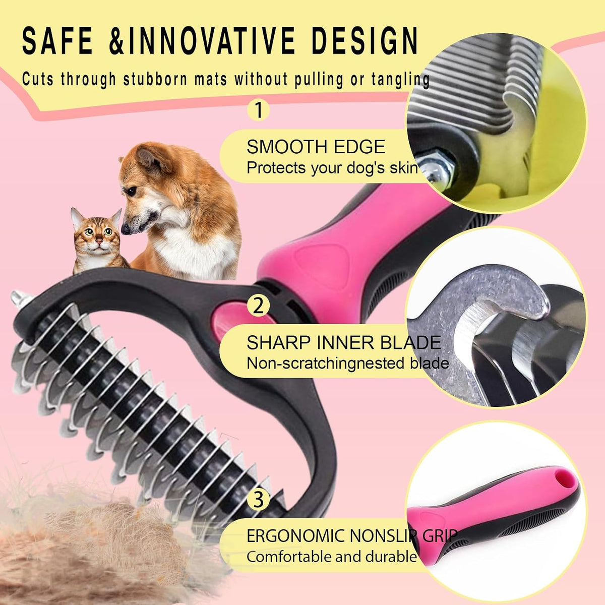 Close up of 2-in-1 dematting comb blades
