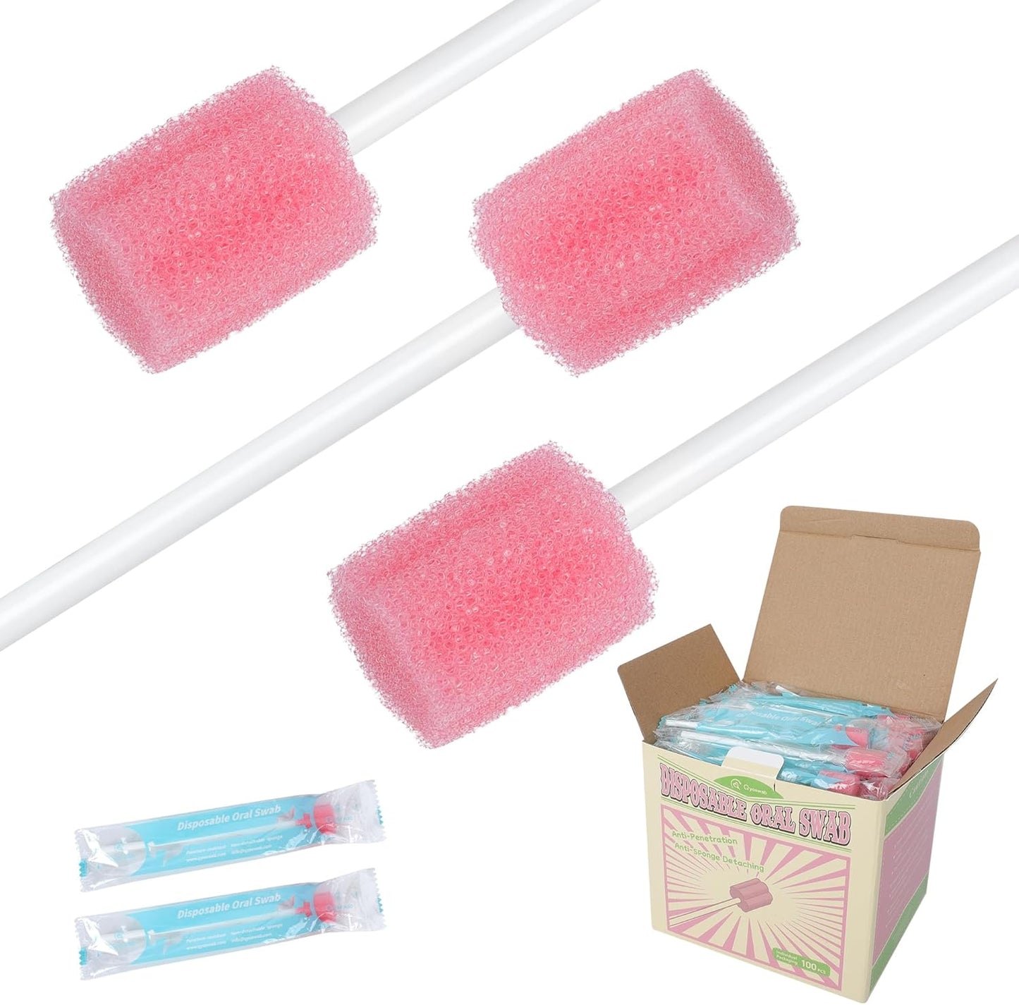 Qyoswab Safety Oral Care Swabs 100 count front view of box and individual packaging.