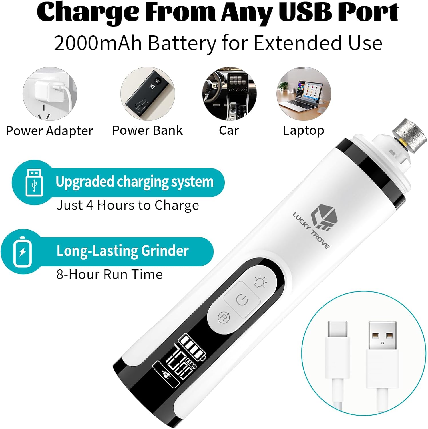 Lucky Trove 3-speed pet nail grinder charging with USB-C cable