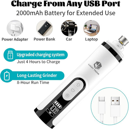Lucky Trove 3-speed pet nail grinder charging with USB-C cable