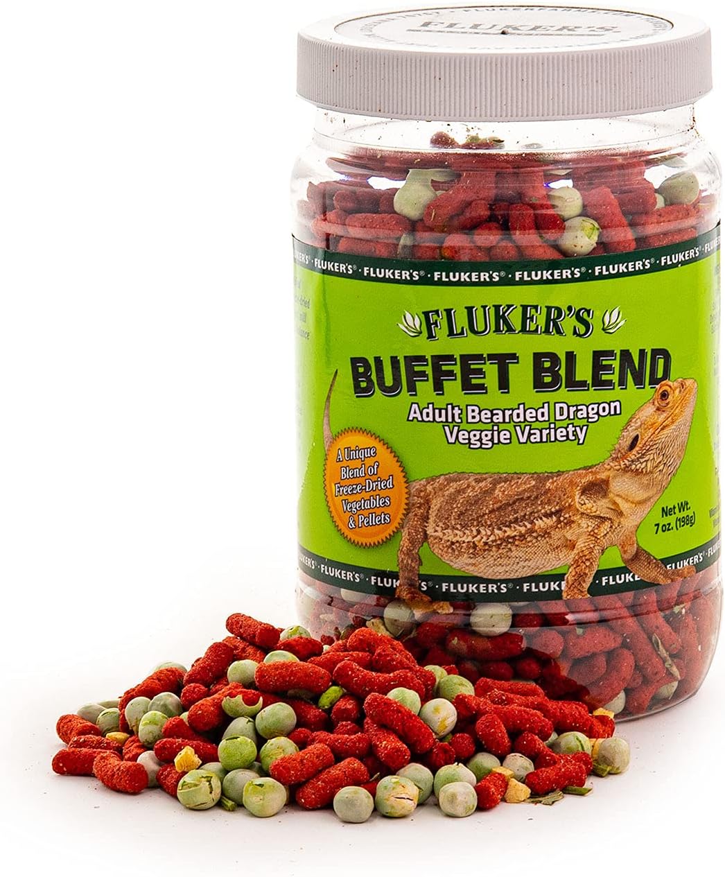 Flukers Buffet Blend Adult Bearded Dragon Food front view of 7 Ounce container