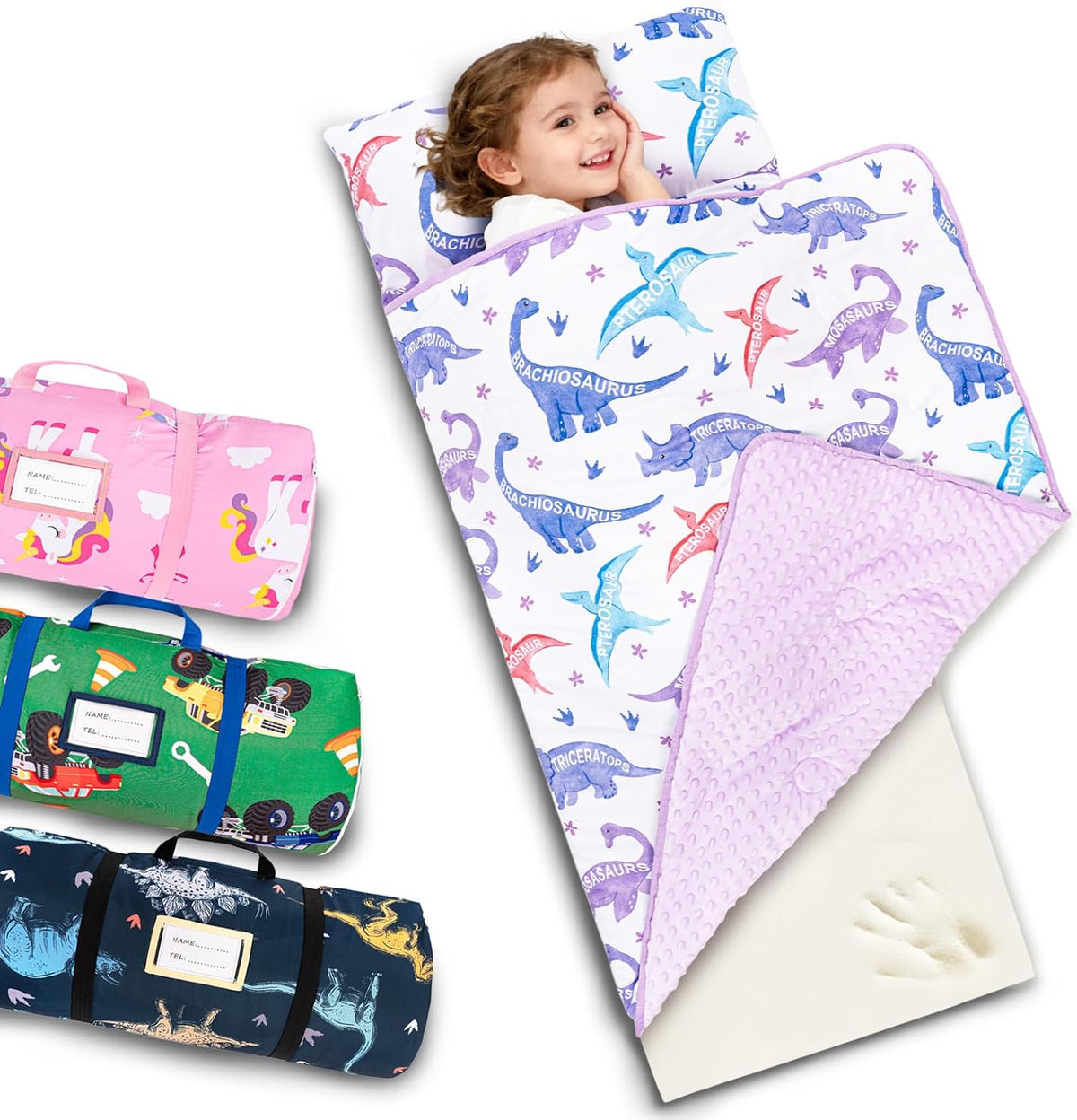 Primlect Toddler Thickened Foam Nap Mat front view featuring green dinosaur pattern