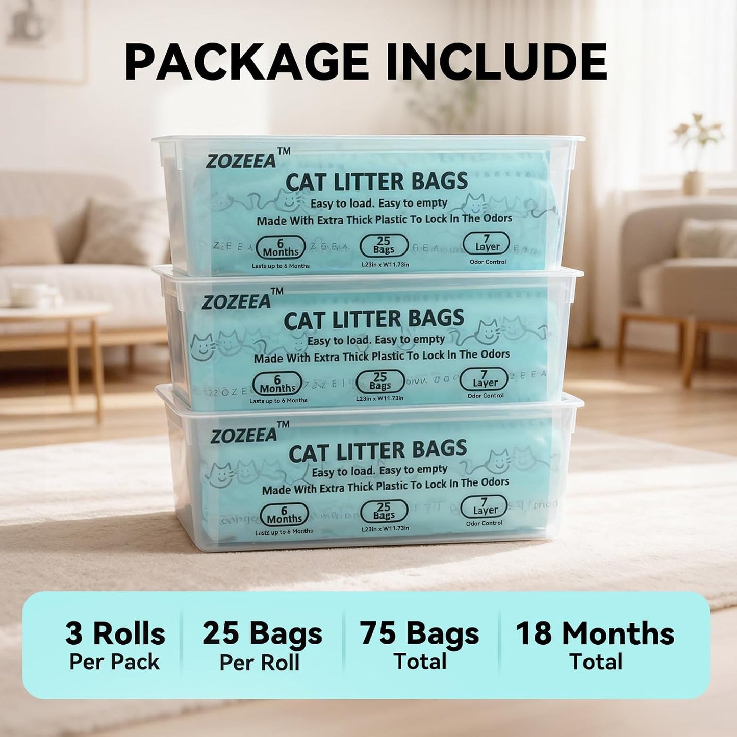 Three pack cat litter disposal rolls displaying long lasting capacity