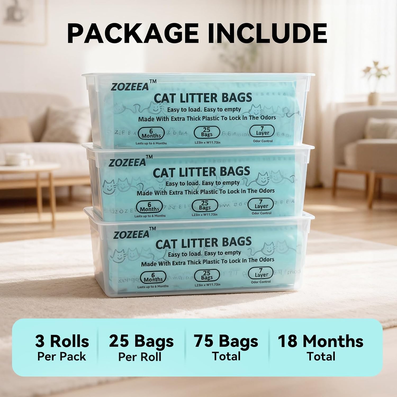 Three pack cat litter disposal rolls displaying long lasting capacity
