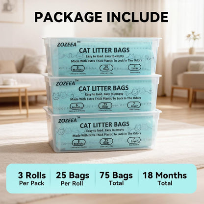 Three pack cat litter disposal rolls displaying long lasting capacity