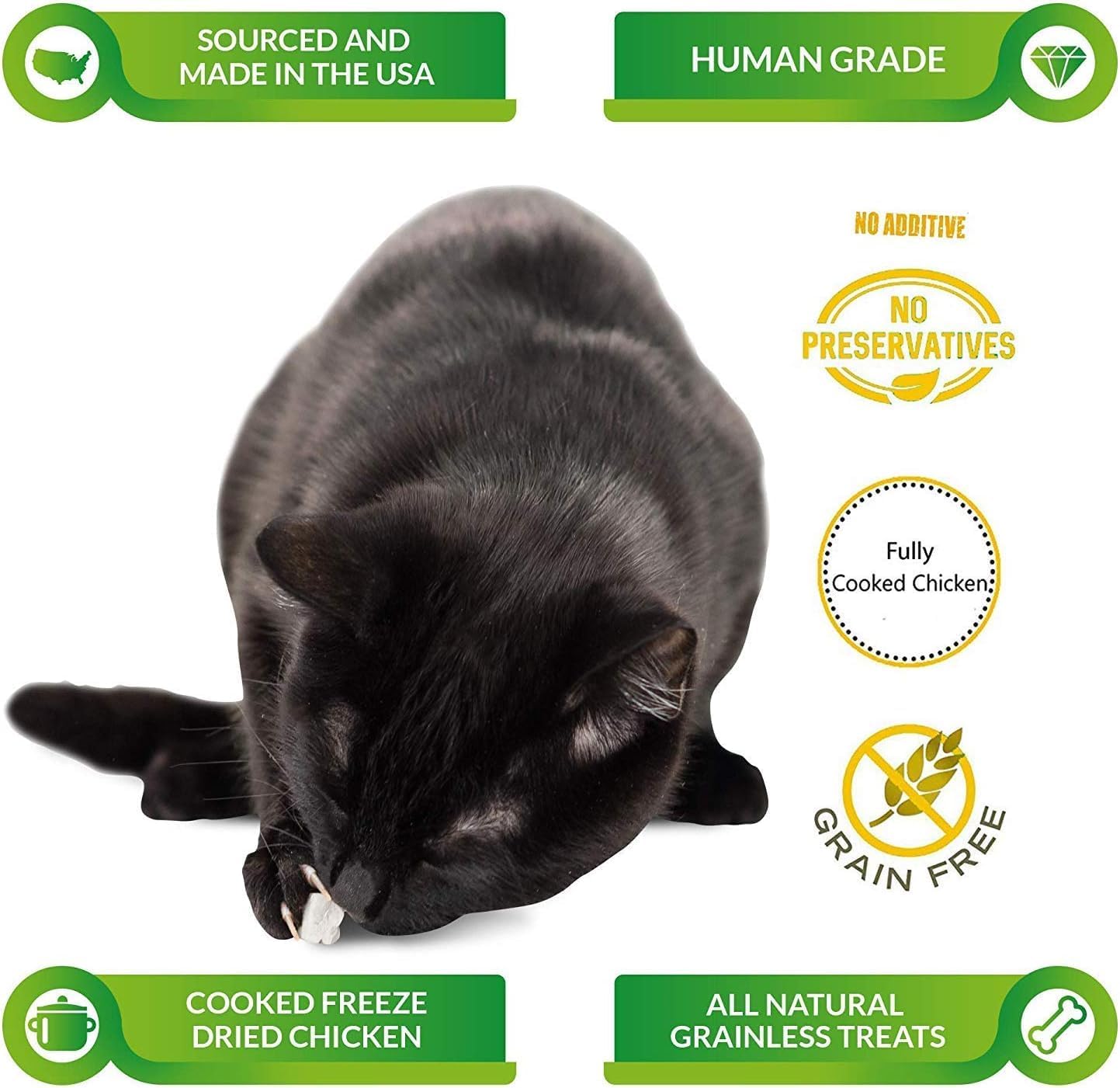 Life Essentials high protein grain free freeze dried chicken pet treats nutritional information label.