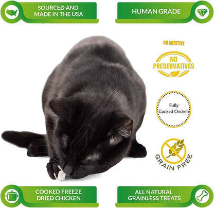 Life Essentials high protein grain free freeze dried chicken pet treats nutritional information label.