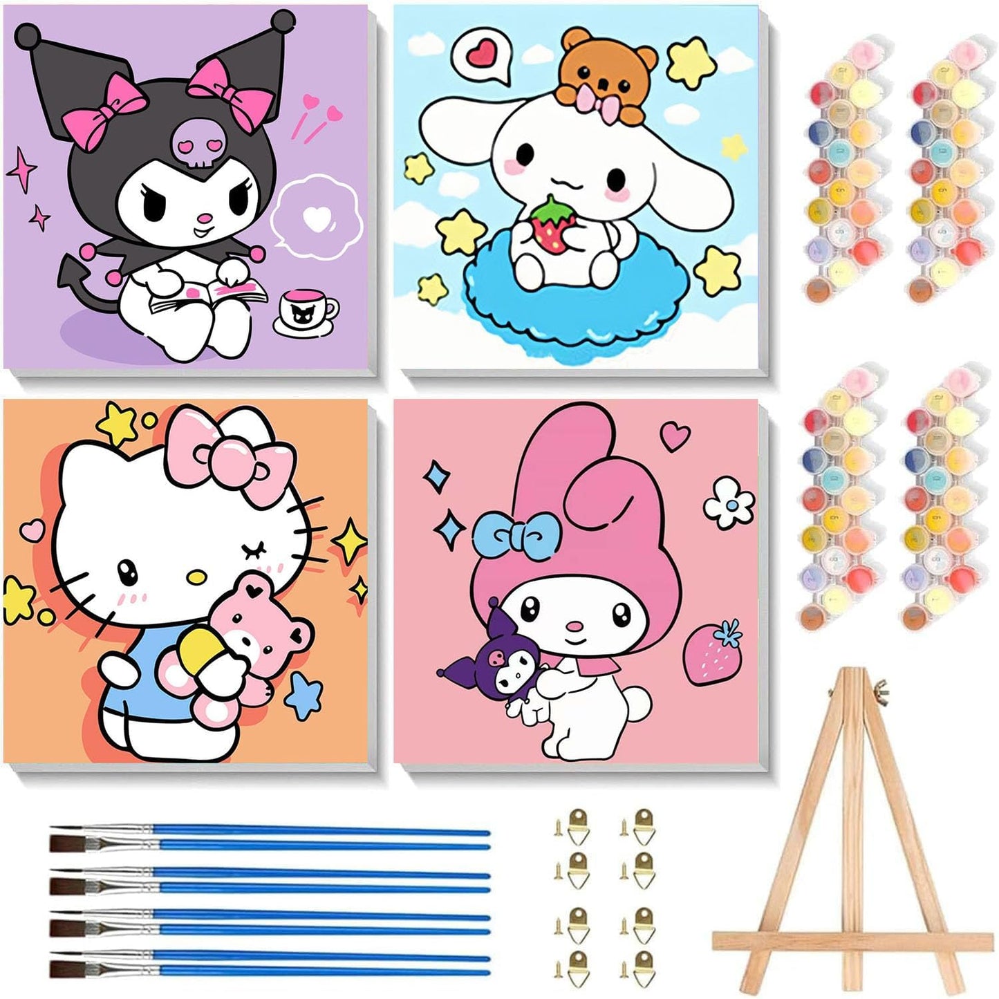 Sretoul 4 Pack Cartoon Paint by Numbers Kit front view showing cartoon character canvases and wooden easel.