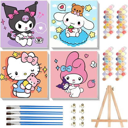 Sretoul 4 Pack Cartoon Paint by Numbers Kit front view showing cartoon character canvases and wooden easel.