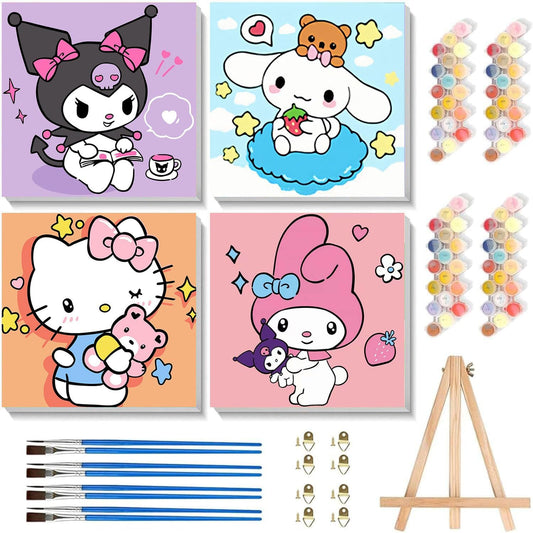 Sretoul 4 Pack Cartoon Paint by Numbers Kit front view showing cartoon character canvases and wooden easel.
