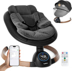 TouHeart electric baby swing front view showcasing the padded plush seat and wooden-accented base.