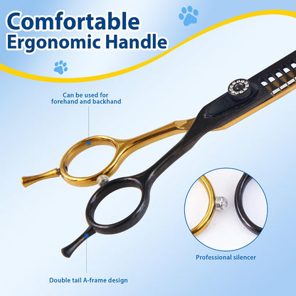 Premium 6Cr13 stainless steel dog texturizing shear showing the adjustable tension screw mechanism.