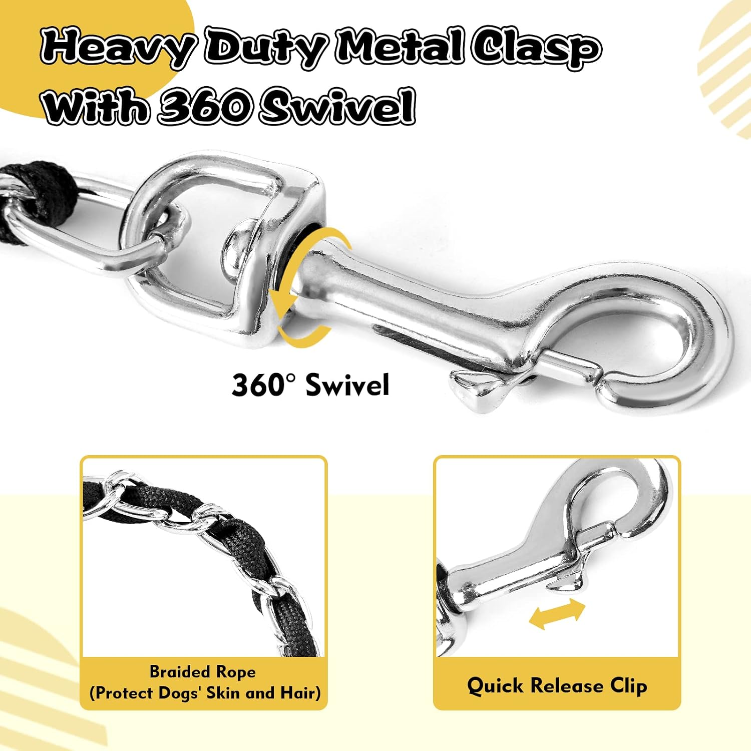 LUFFWELL anti chew chain lead highlighting the three hundred sixty degree swivel clasp