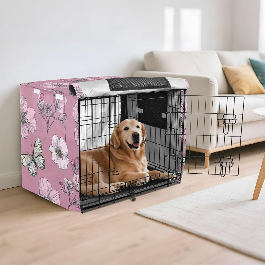 Durable outdoor wire kennel protective cover in bright pink flower print