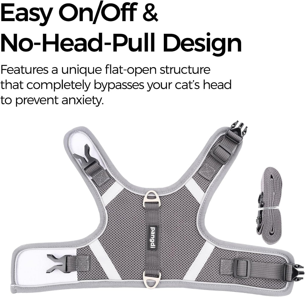 Pangdi grey kitten harness vest showing the durable metal D-ring leash attachment point