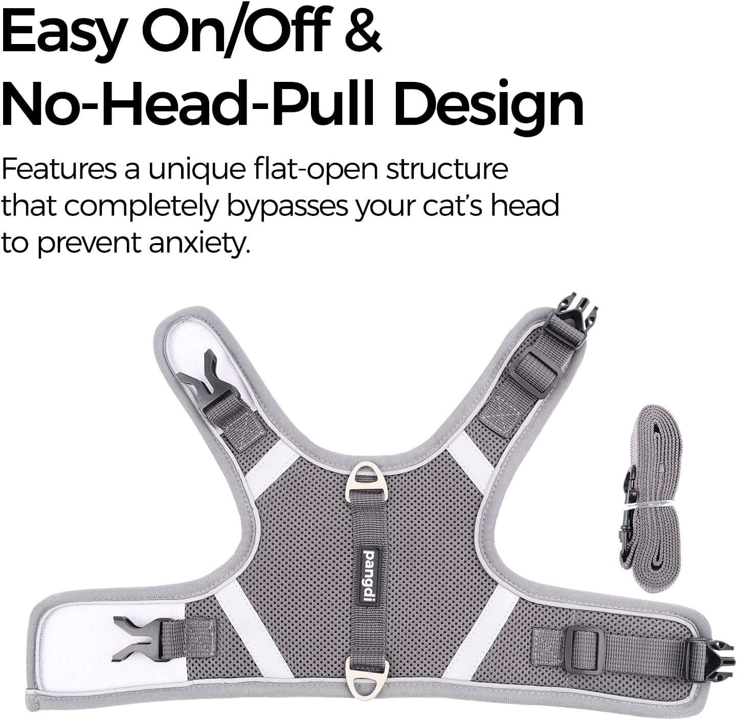 Pangdi grey kitten harness vest showing the durable metal D-ring leash attachment point
