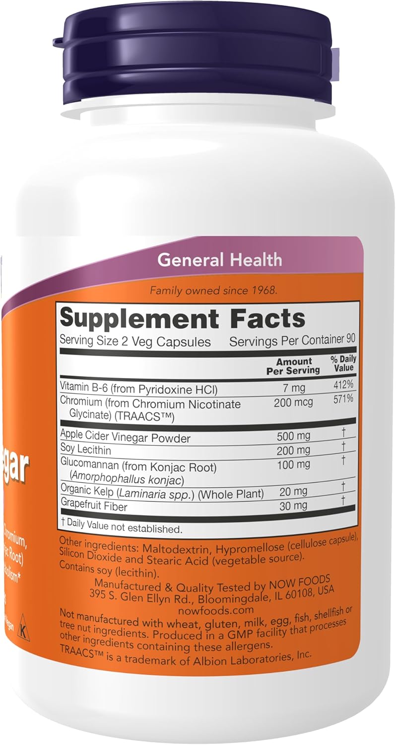NOW Foods apple cider vinegar pills showing the supplement facts and ingredients list.