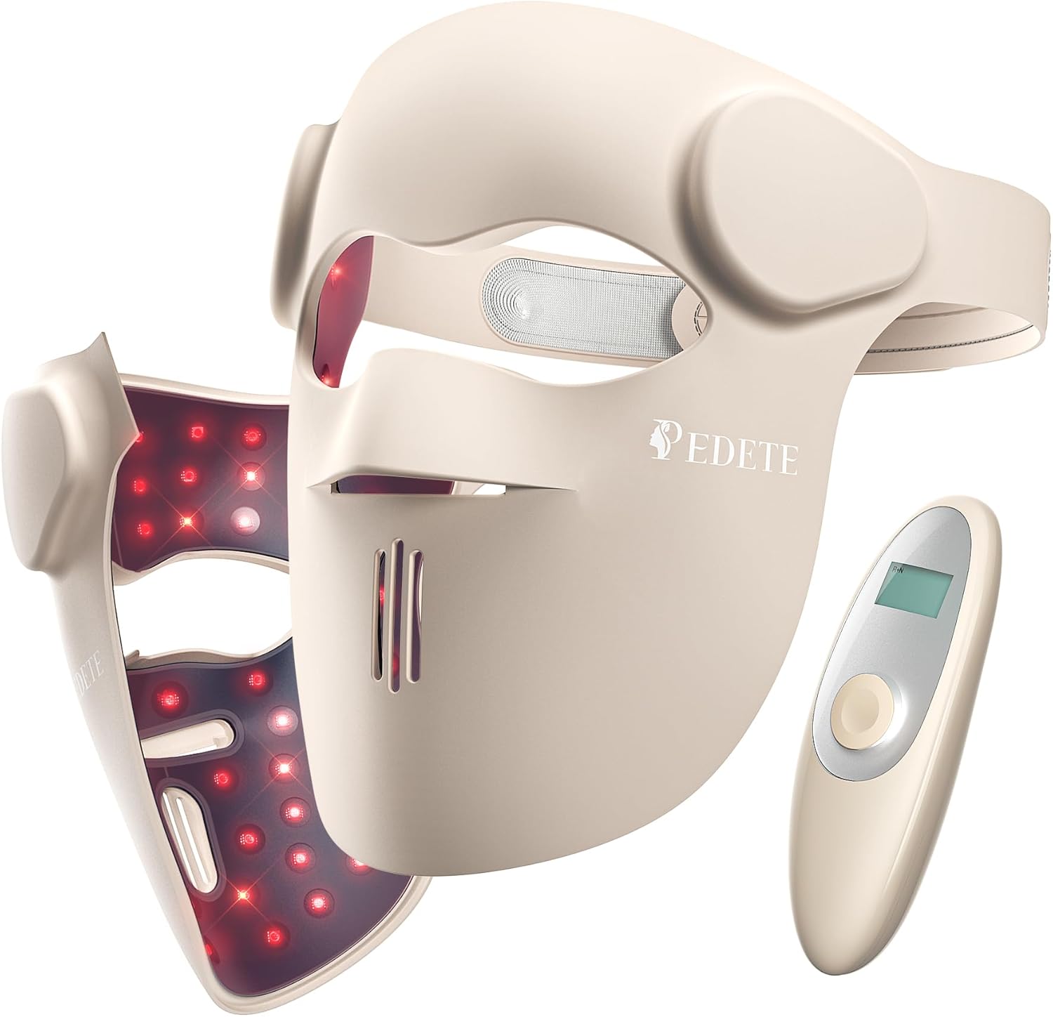 Pedete Red Light Therapy wireless LED face mask front view showing the 3D flexible silicone design
