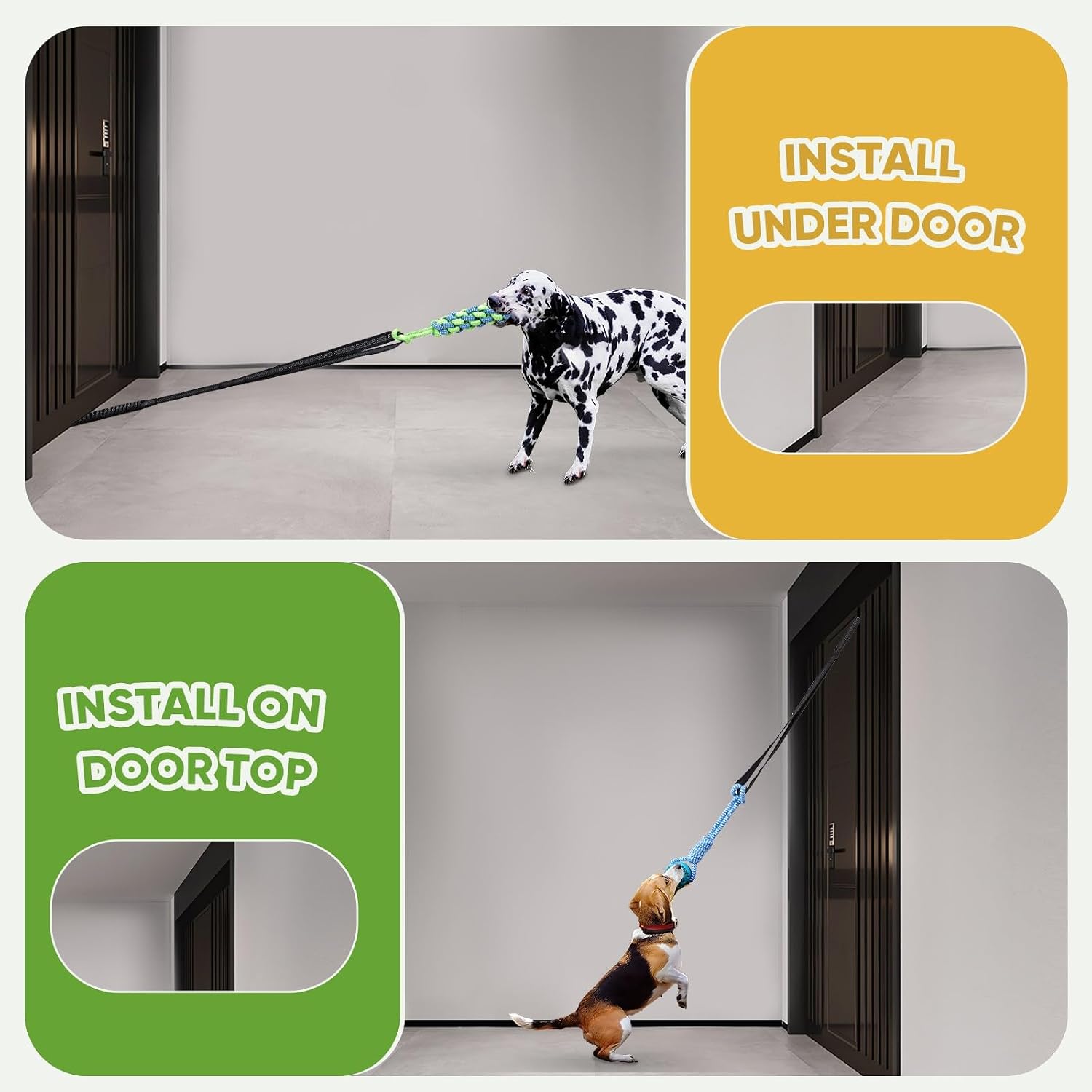 VibeVerve Dog Bungee Toy hanging from an indoor door frame demonstrating versatile home setup options.