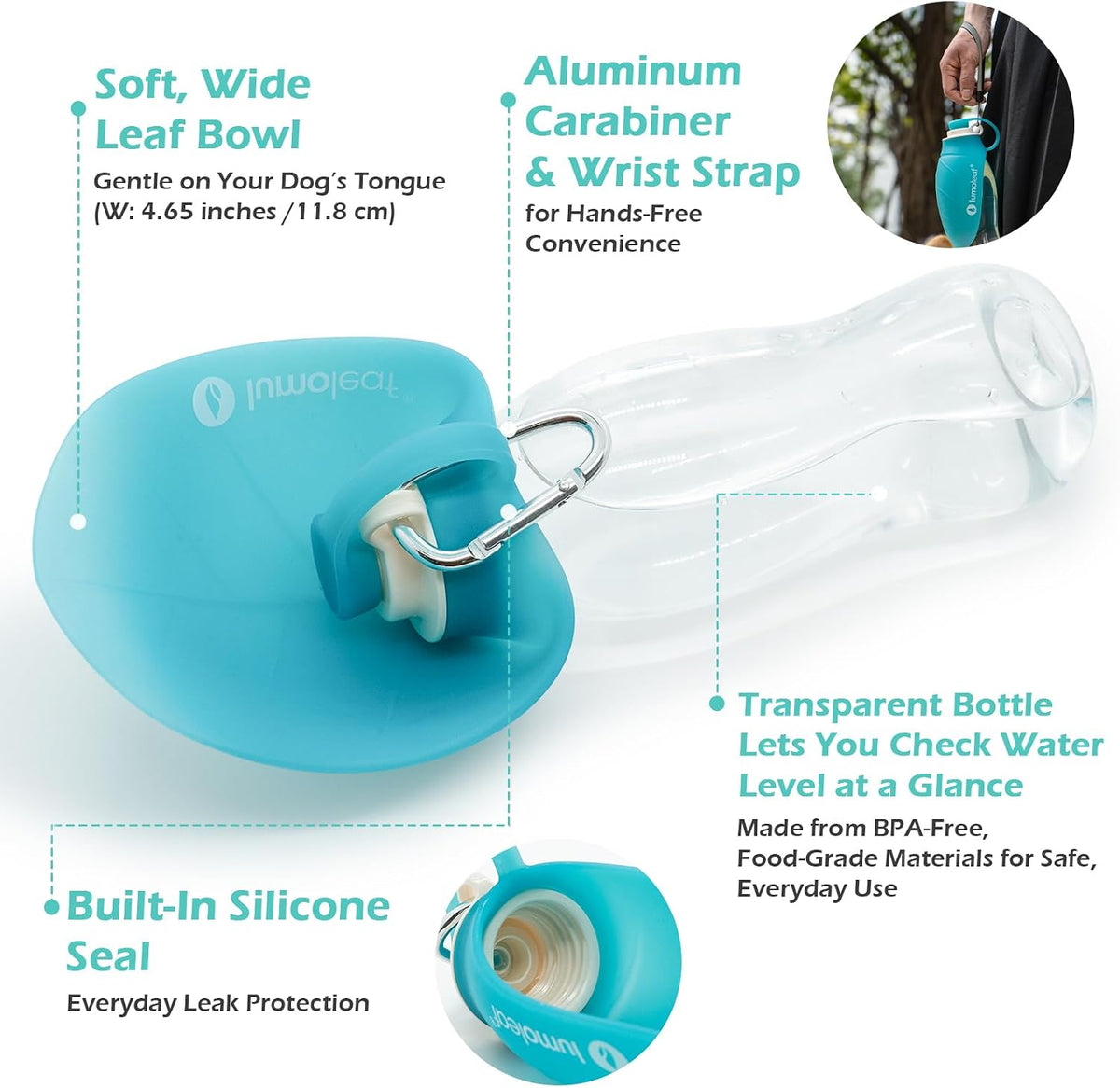 LumoLeaf pet water bottle with carabiner clipped to a backpack loop