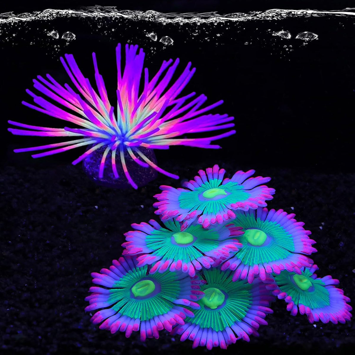 HIKTQIW glowing aquarium fish tank decorations front view showing pink silicone anemone coral