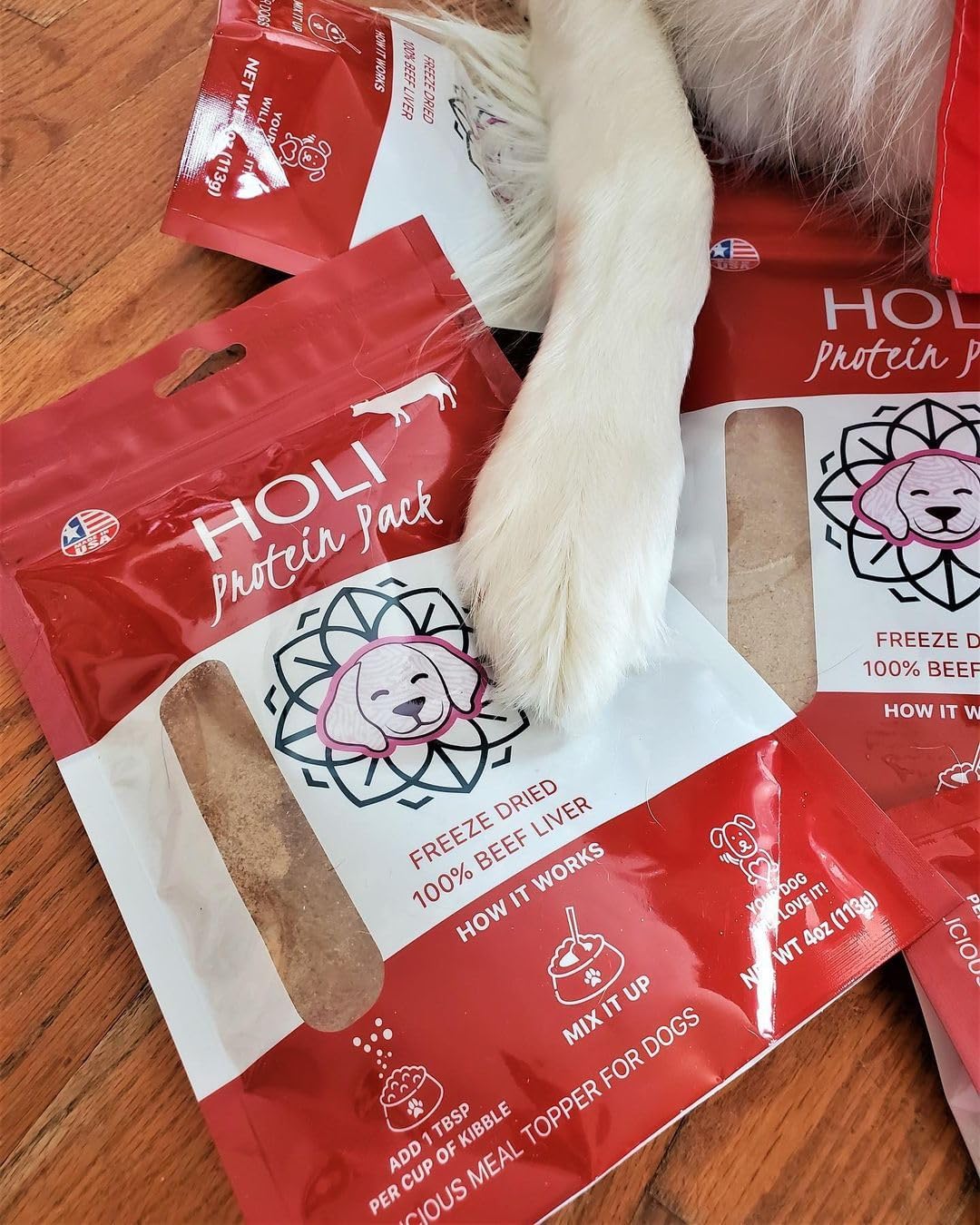 Resealable eight ounce bag of premium HOLI pet food mixer