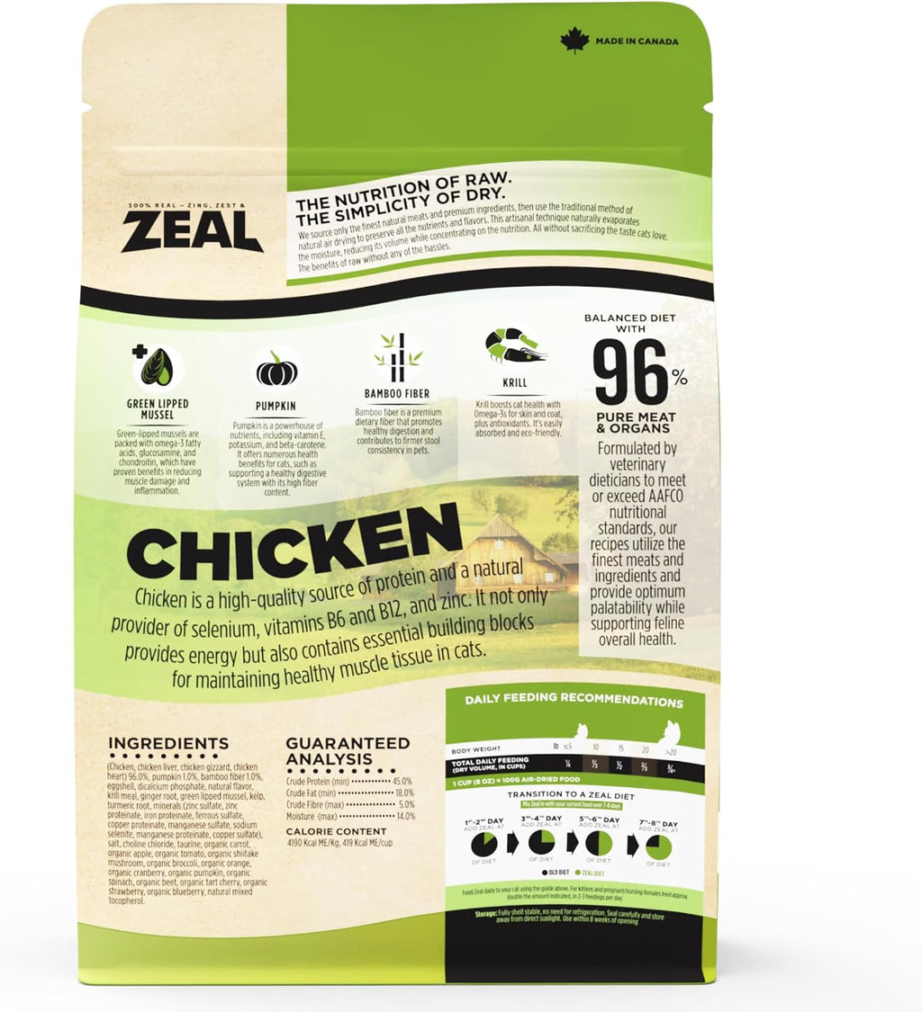 Zeal air-dried cat food packaging showing chicken recipe details