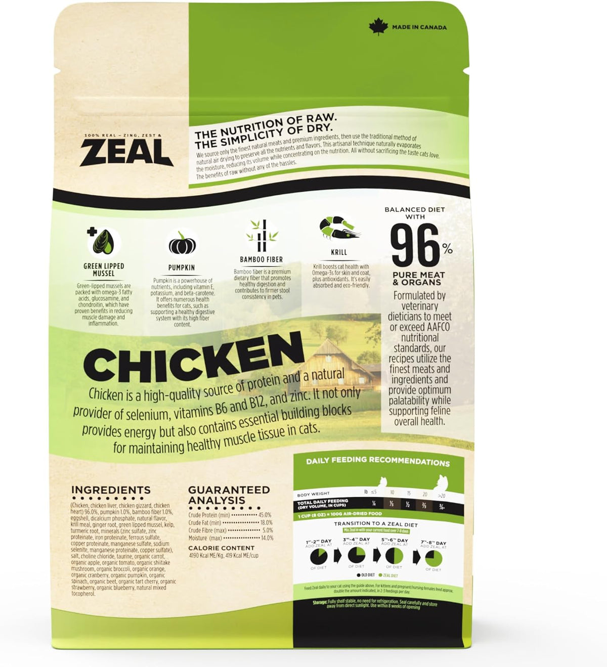 Zeal air-dried cat food packaging showing chicken recipe details