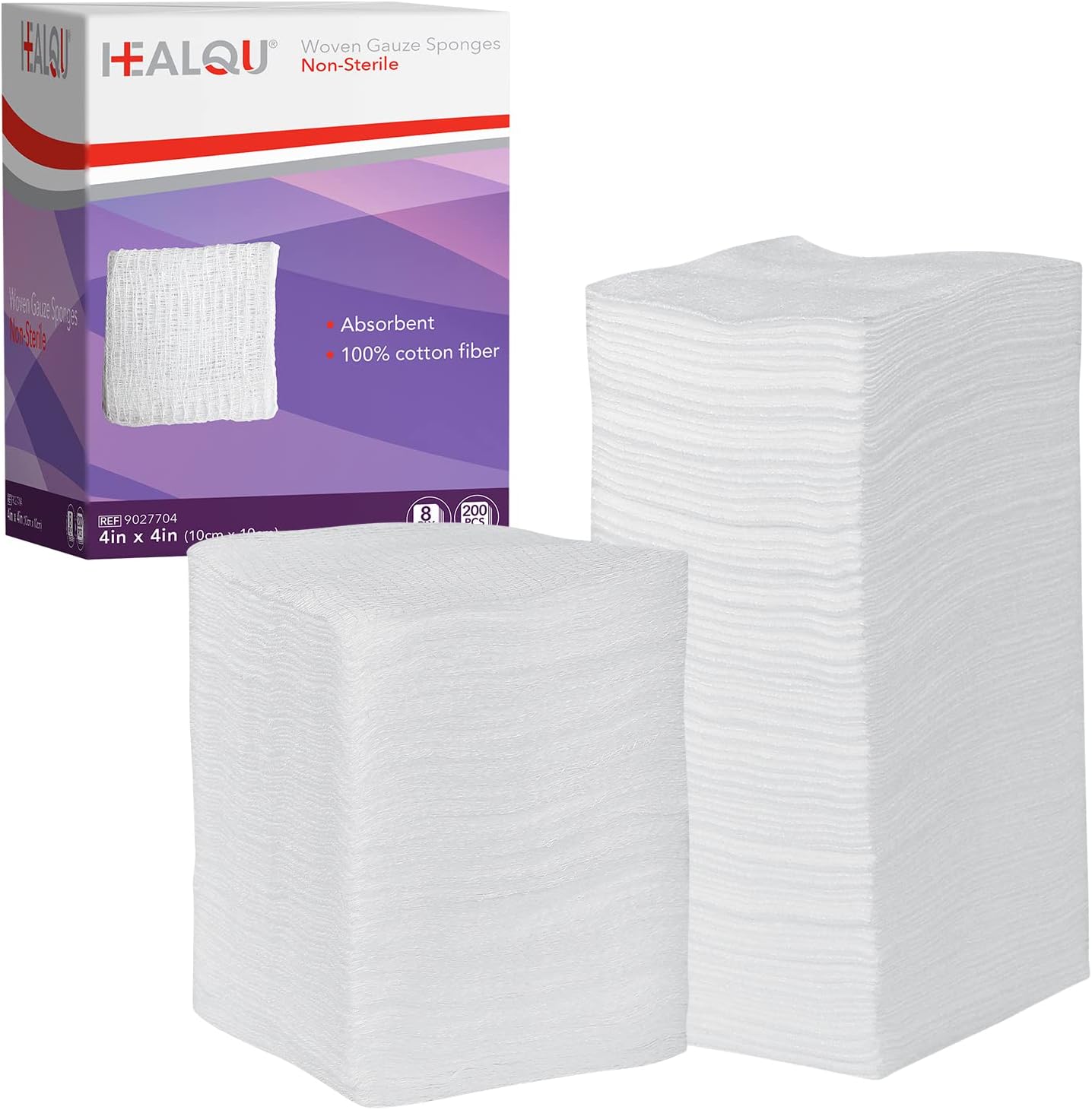 Healqu Woven Gauze Pads packaging box front view showing 200 count details