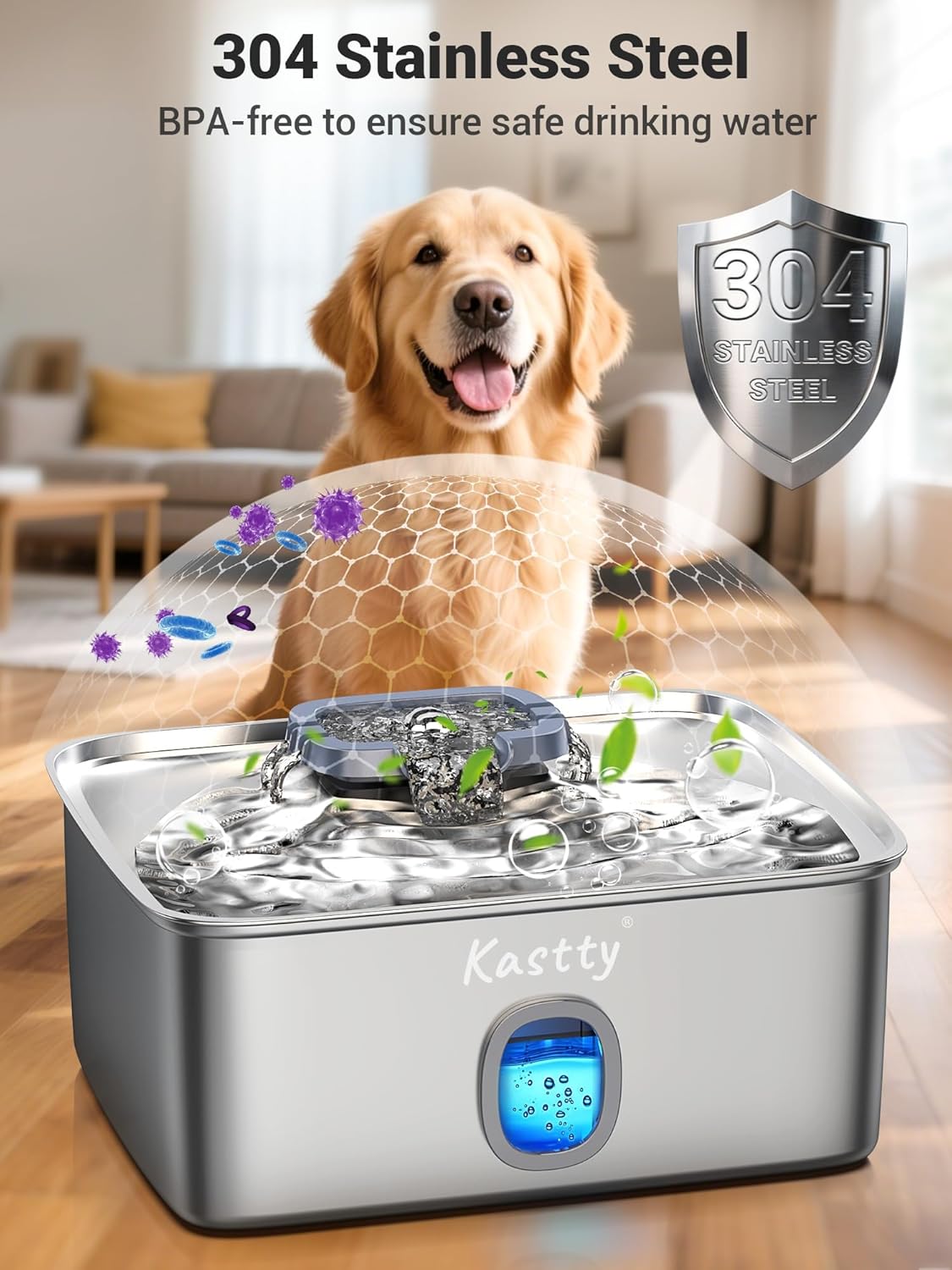 Large dog drinking from Kastty stainless steel fountain