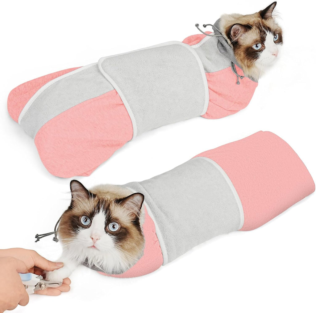 Supet bite resistant mesh cap cat grooming wrap back view.